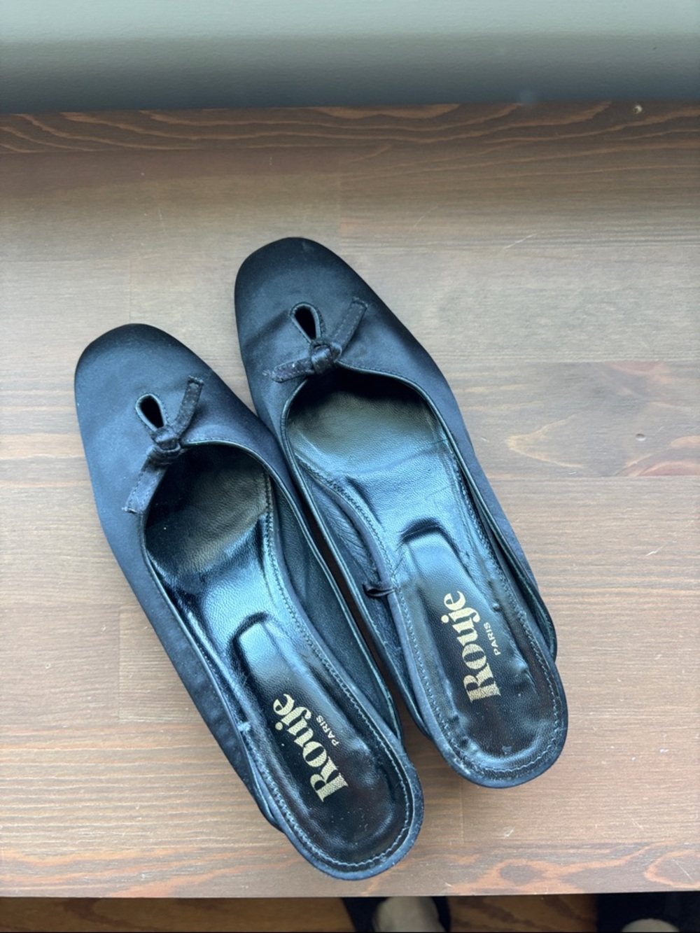 Rouje Black Satin Square-Toe Flats with Bow Accent